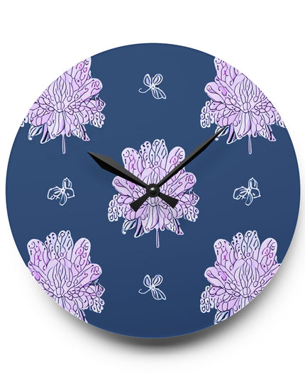 Purple White Floral Butterflies Acrylic Wall Clock, Round or Square, 10.75" x 10.75"