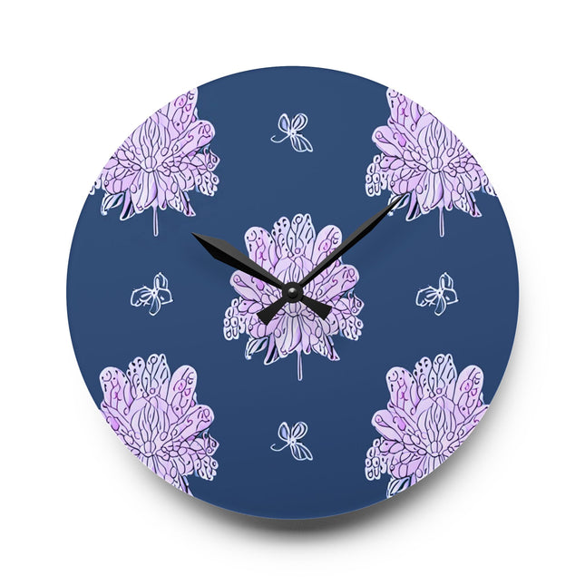 Purple White Floral Butterflies Acrylic Wall Clock, Round or Square, 10.75" x 10.75"