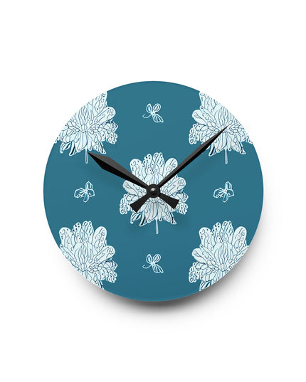 Tif Green White Floral Butterflies Acrylic Round Wall Clock, 8" x 8"