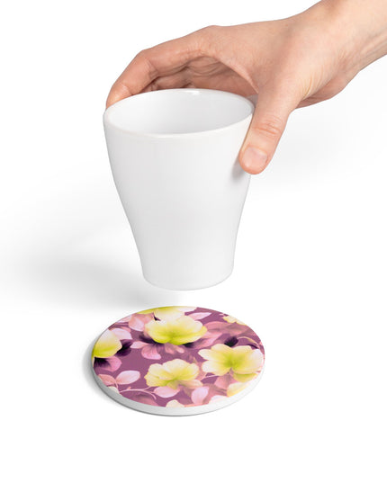 Lemon Blossom Floral Bunch Round Ceramic Coaster, 4" x 4"