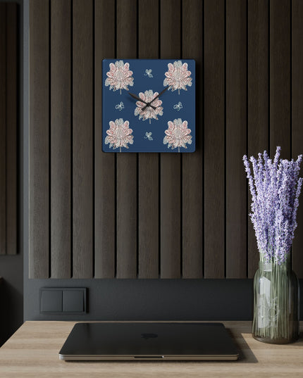 Rose White Floral Butterflies Acrylic Wall Clock, Round or Square, 10.75" x 10.75"