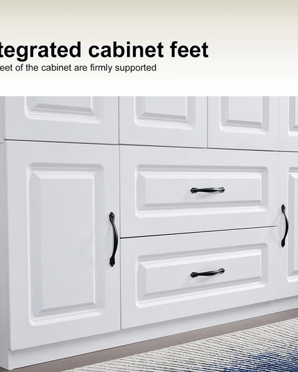 White Solid Wood Freestanding Wardrobe Closet for Clothes Storage. Bedroom Wardrobe Storage Cabinet featuring 2 Hanging Rod Shelves, 2 Drawers, and 5 Storage Compartments