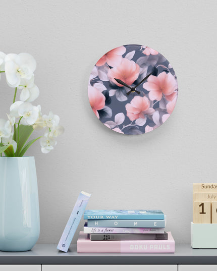 Peach and Blue Gray Floral Bunch Acrylic Wall Clock, Round or Square, 10.75" x 10.75"
