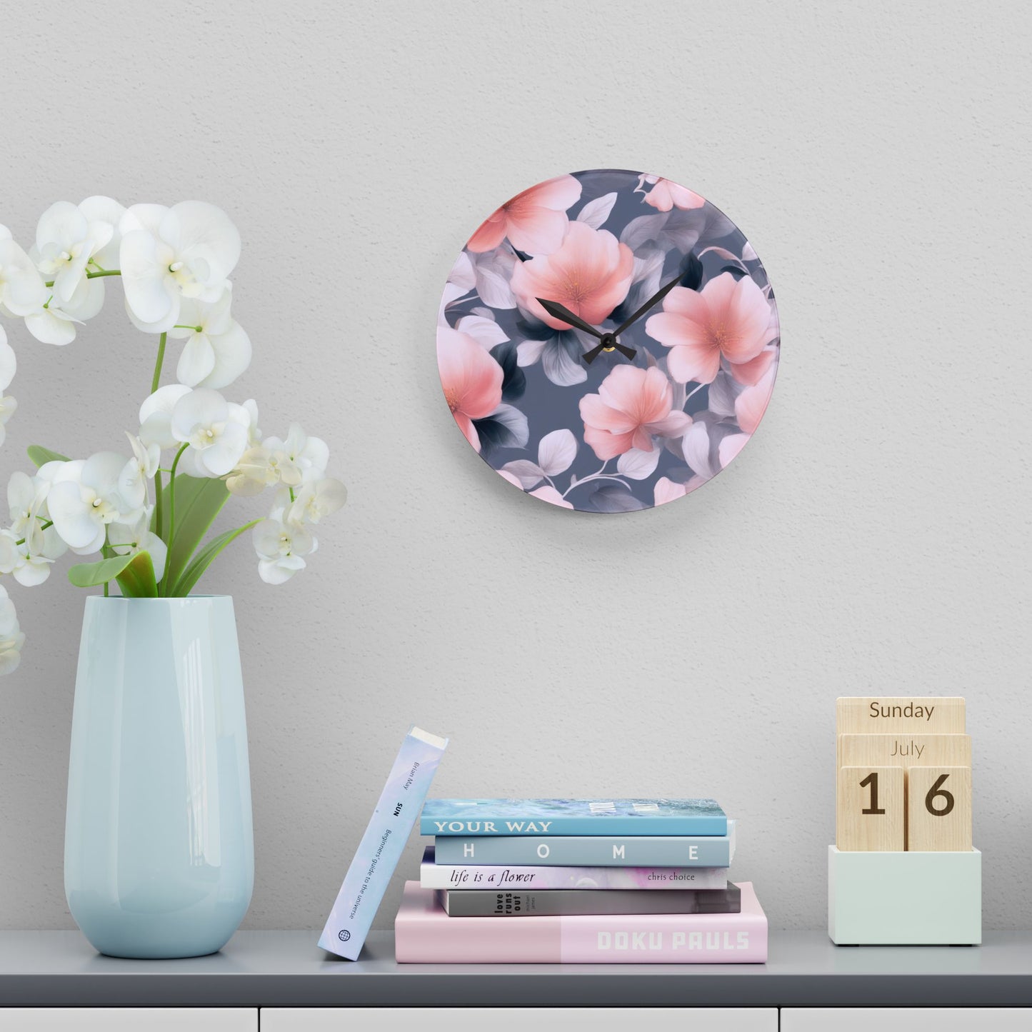 Peach and Blue Gray Floral Bunch Acrylic Wall Clock, Round or Square, 10.75" x 10.75"