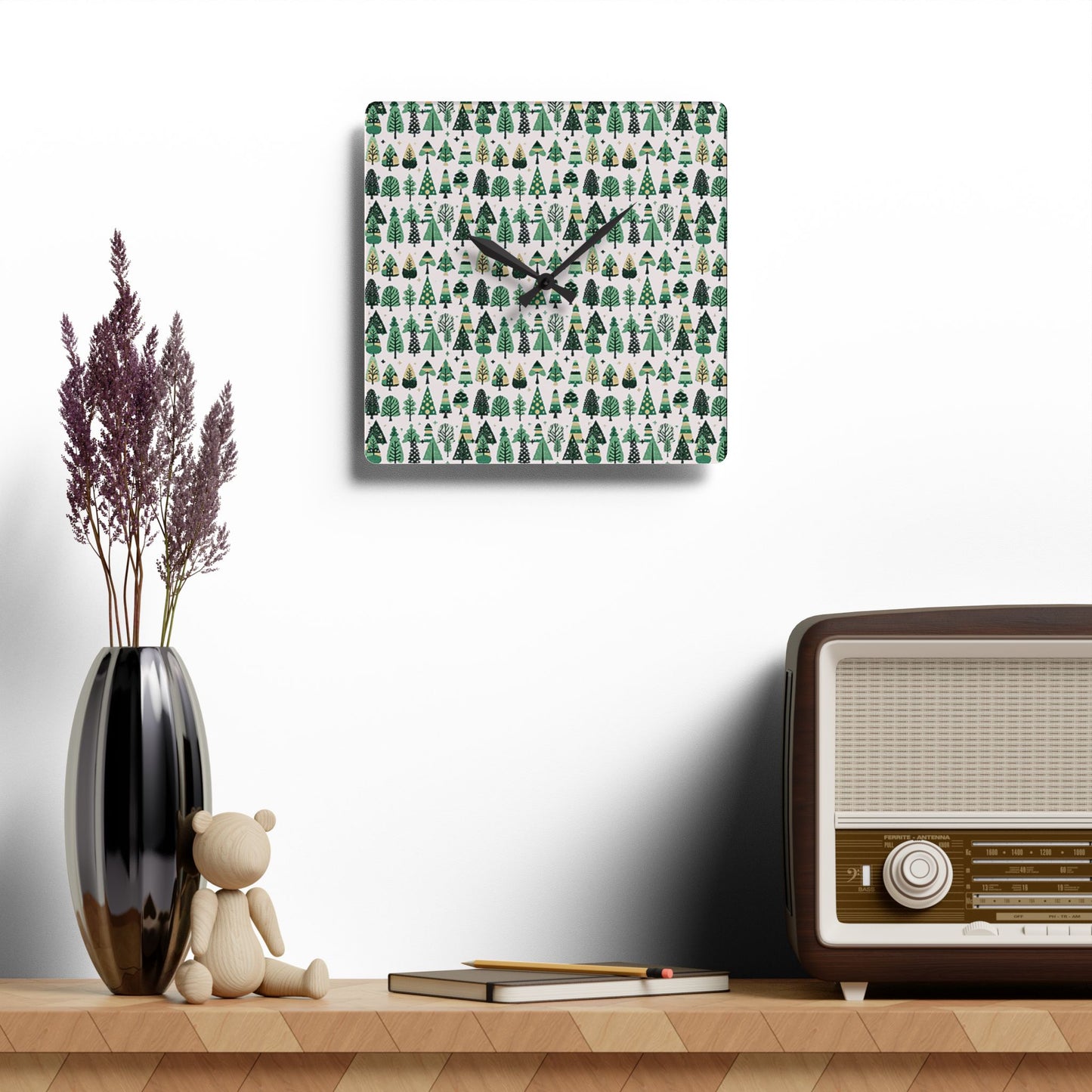 Mini Vintage Green Trees Acrylic Wall Clock, Round or Square, 10.75" x 10.75"