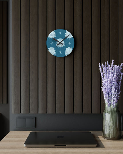 Tif Green White Floral Butterflies Acrylic Round Wall Clock, 8" x 8"