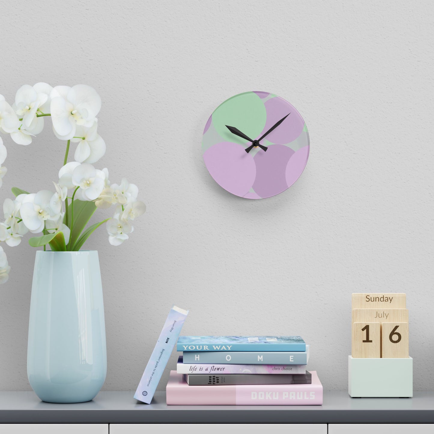Pastel Lavender Purple and Soft Green Patches Acrylic Round Wall Clock, 8" x 8"