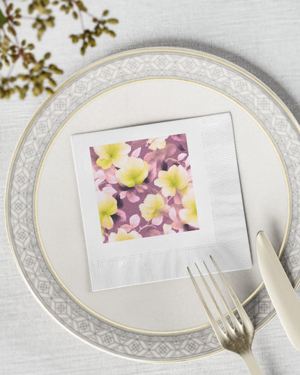 Lemon Blossom Floral Bunch White Coined Napkins, 4.8" x 4.8"