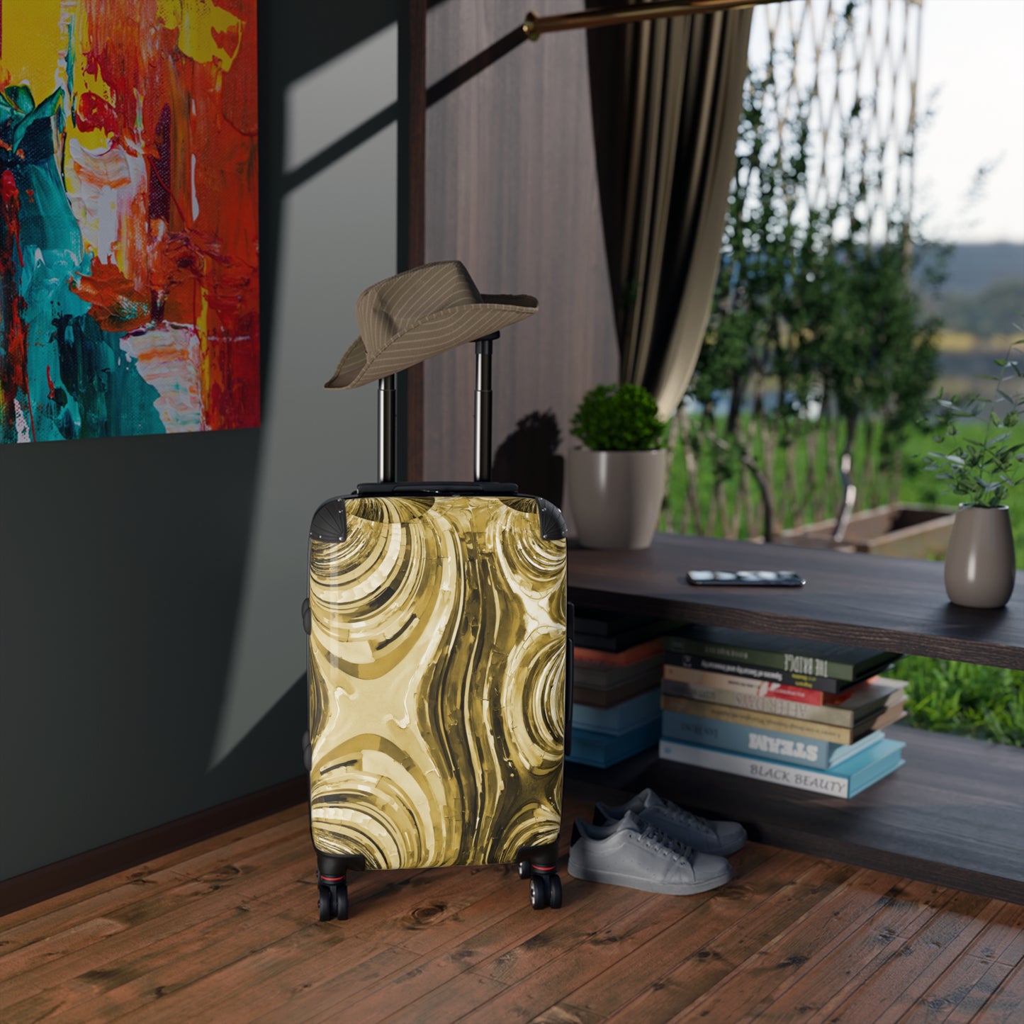 Uzi Spiral Light Brown Small Suitcase with built in lock, 4 double-wheels, telescopic handle, and ABS back hard-shell