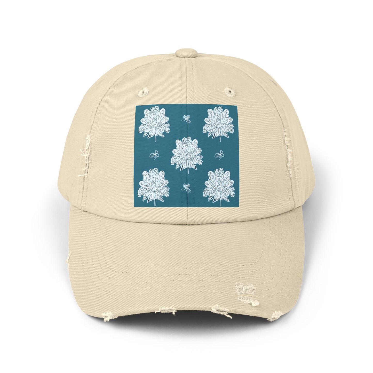Tif Green White Floral Butterflies Unisex Distressed Cap