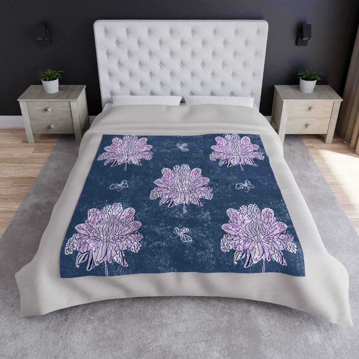Purple White Floral Butterflies 50" x 60" Crushed Velvet Blanket