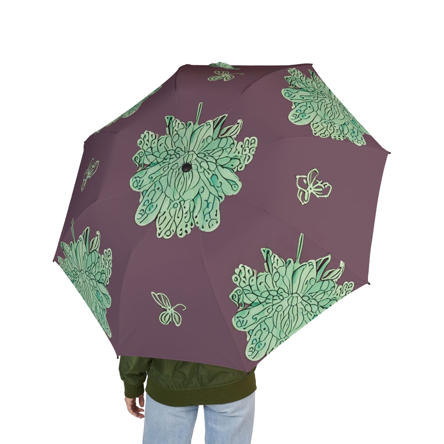 Mint Green Floral Butterflies Foldable Umbrella - Compact & Chic