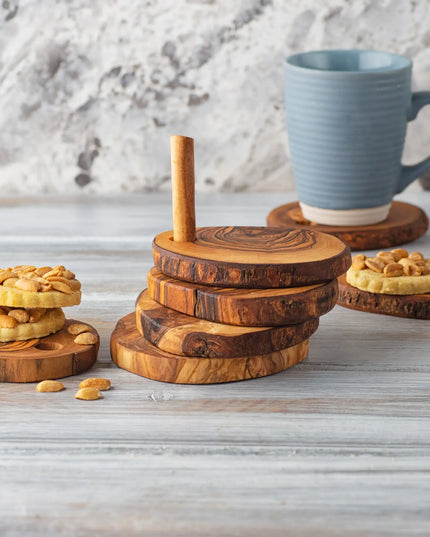 Olive Wood Coaster Set with Holder - 7 Pcs