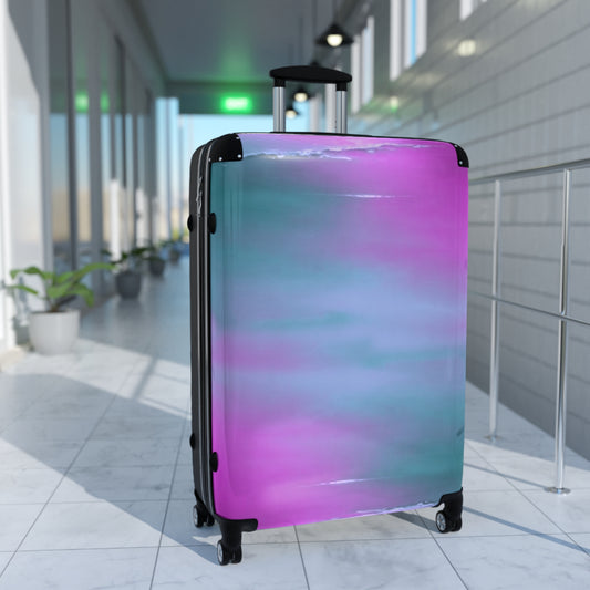 Dark Blue Green Sea Purple Fog Large Suitcase with built in lock, 4 double-wheels, telescopic handle, and ABS back hard-shell