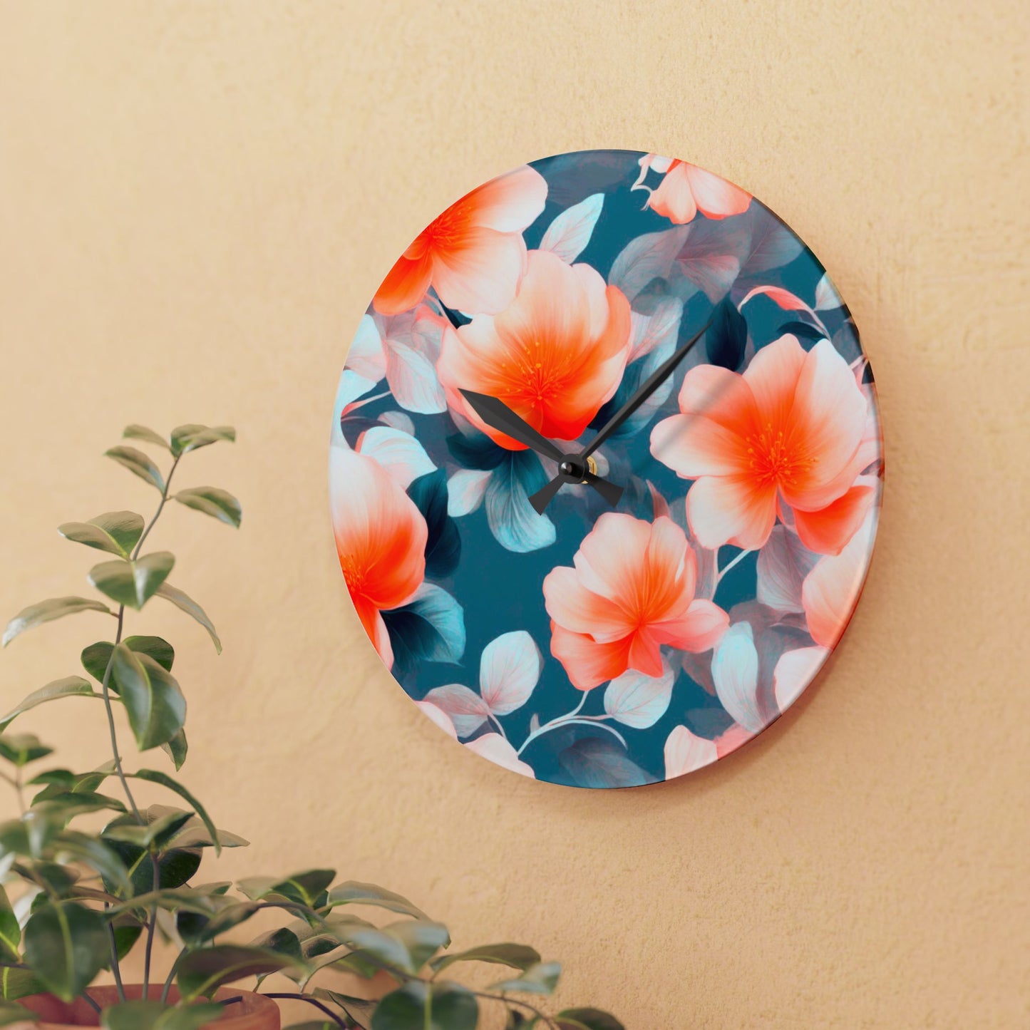 Orange Blossom Floral Bunch Acrylic Wall Clock, Round or Square, 10.75" x 10.75"