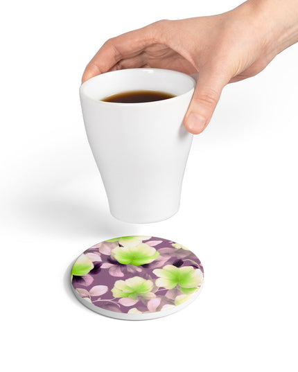 Lime Lavender Floral Bunch Round Ceramic Coaster, 4" x 4"