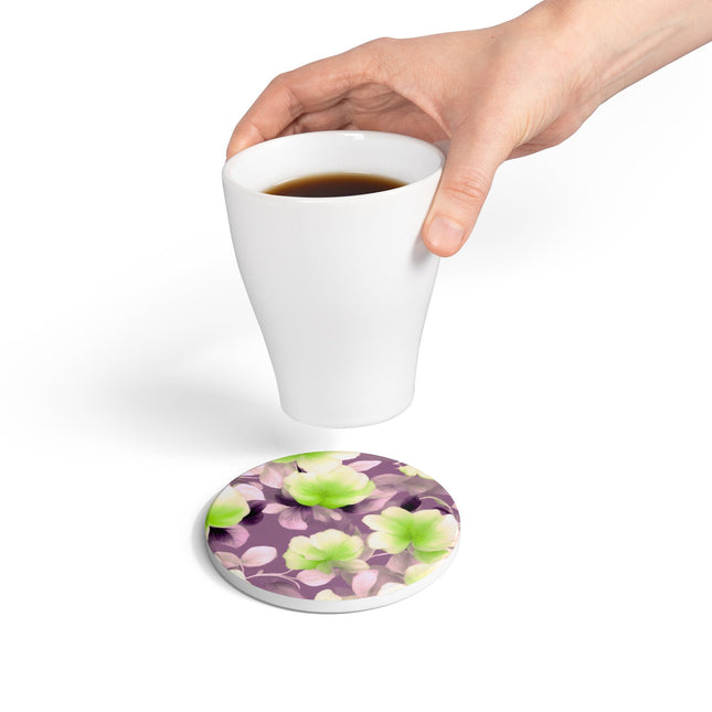 Lime Lavender Floral Bunch Round Ceramic Coaster, 4" x 4"