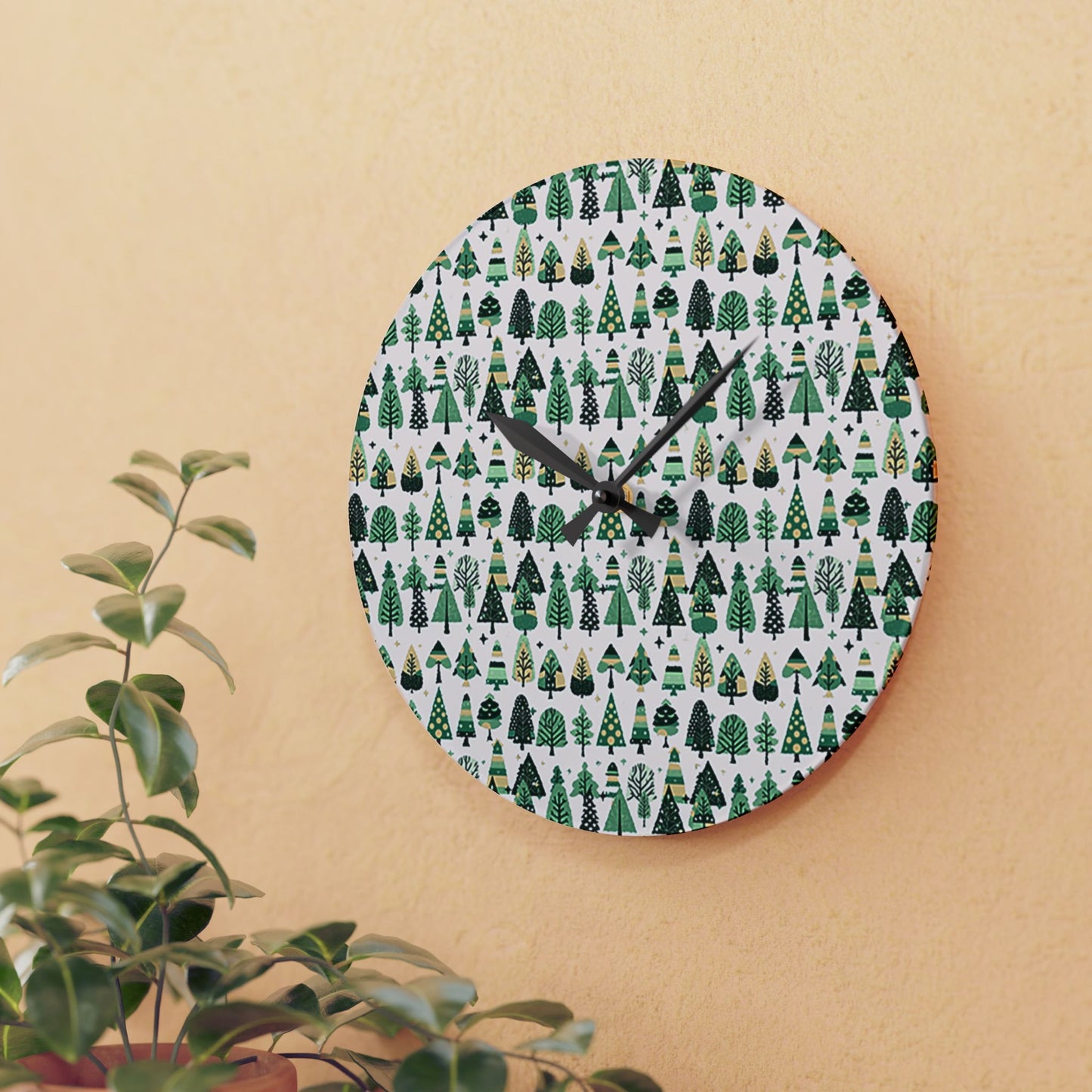 Mini Vintage Green Trees Acrylic Wall Clock, Round or Square, 10.75" x 10.75"