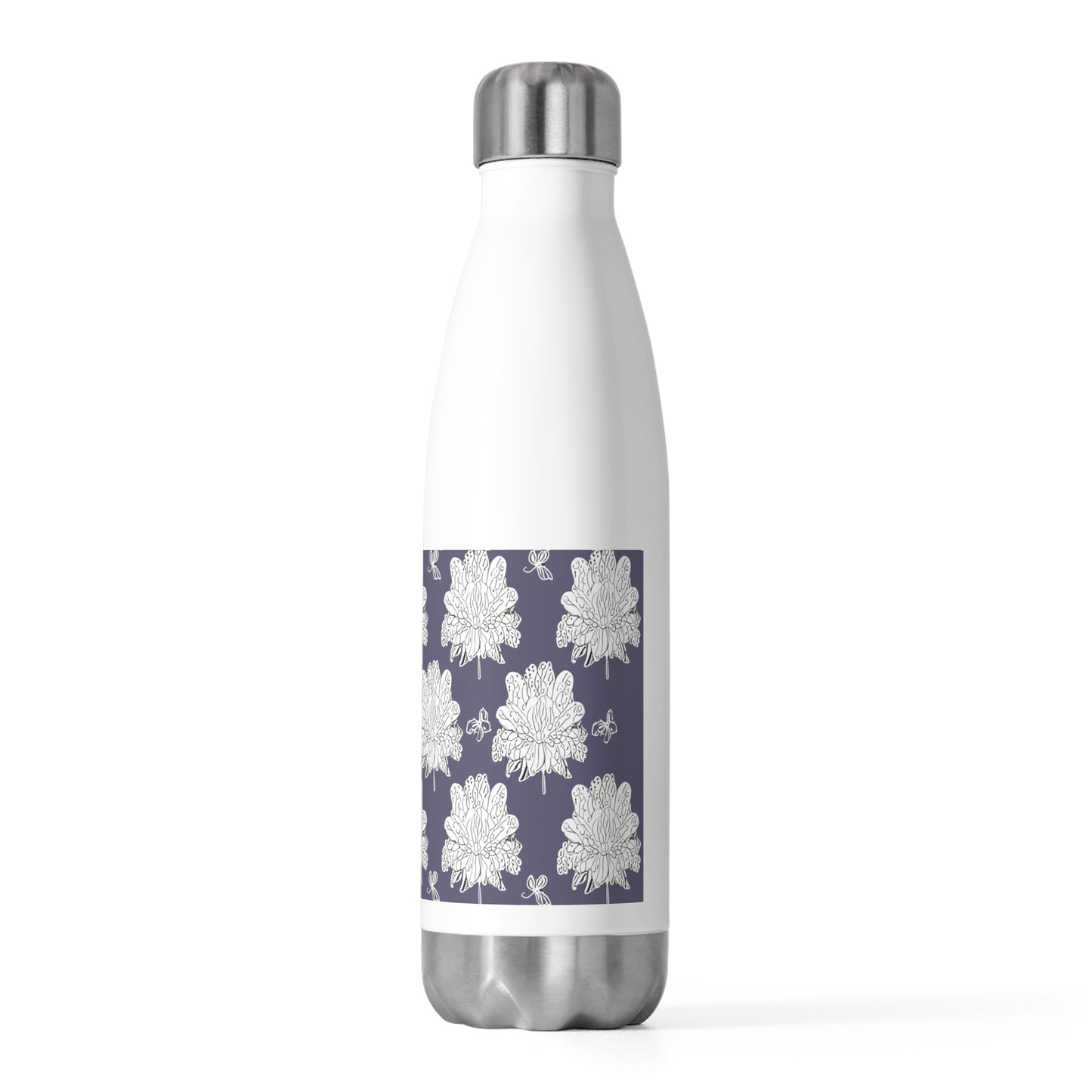 White Floral Butterflies 20oz Insulated Water Bottle
