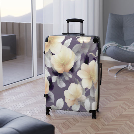 White Blush Floral Bunch Large Suitcase with built in lock, 4 double-wheels, telescopic handle, and ABS back hard-shell