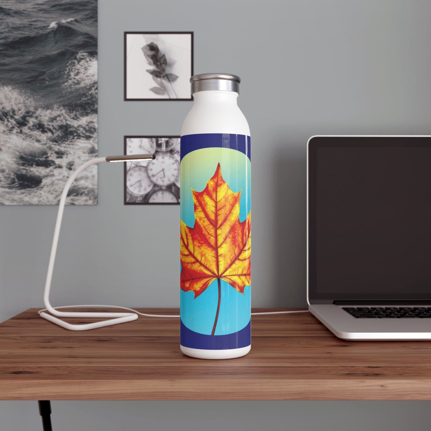 Alpha Maple Leaf Slim Water Bottle, 20 oz White