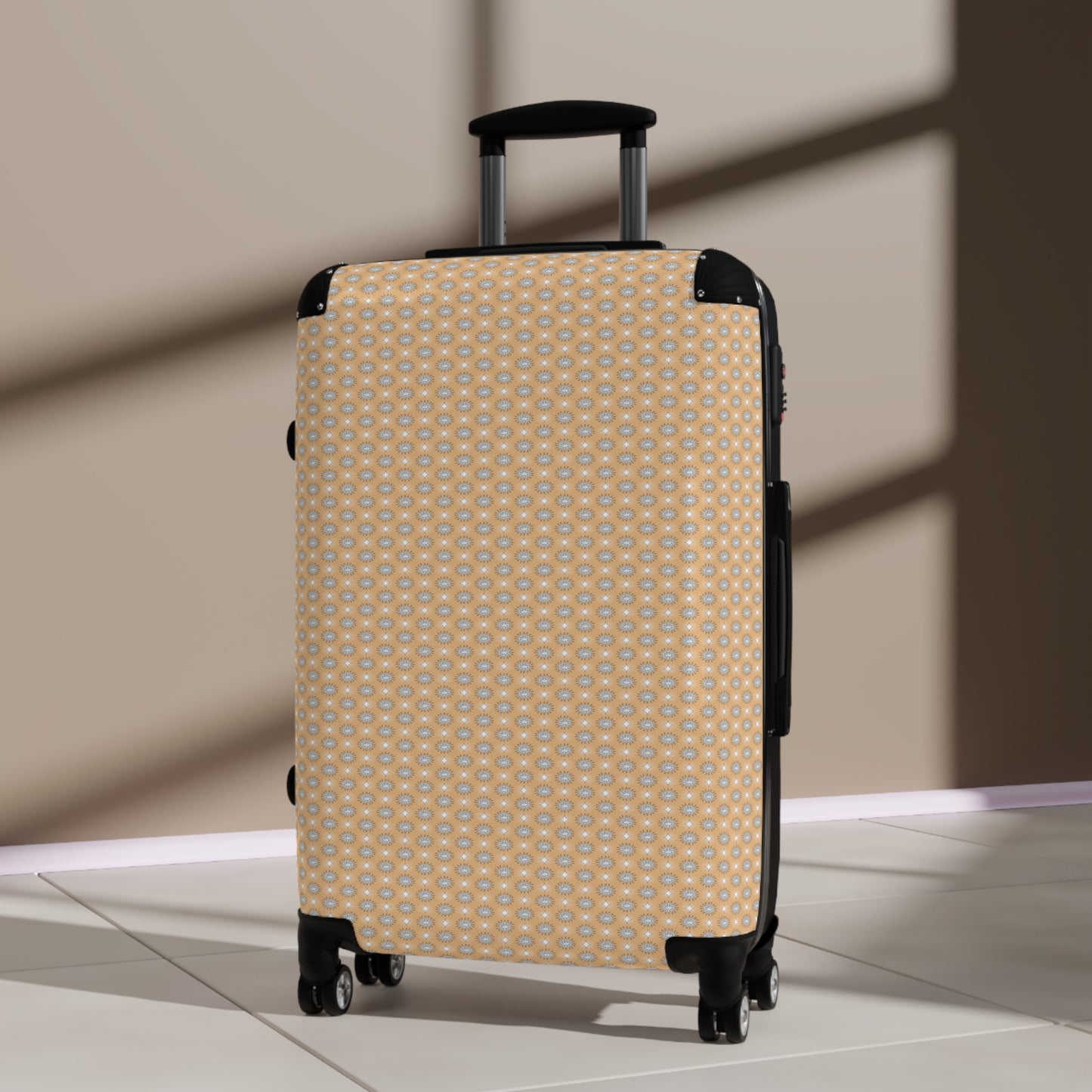 Tan Sunset Star-crossed Bodies Medium Suitcase with built in lock, 4 double-wheels, telescopic handle, and ABS back hard-shell