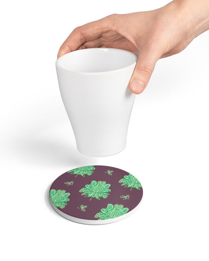 Mint Green Floral Butterflies 4" x 4" Round Ceramic Coaster