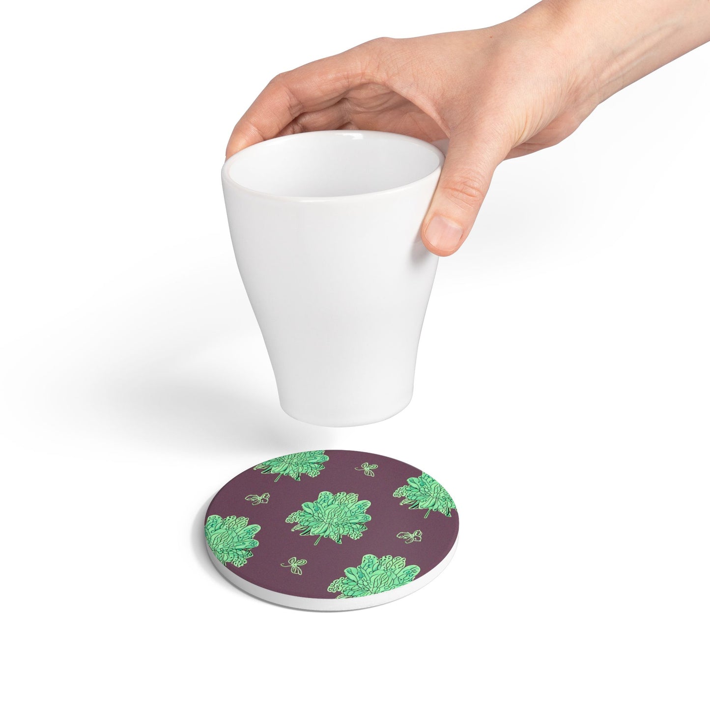 Mint Green Floral Butterflies 4" x 4" Round Ceramic Coaster