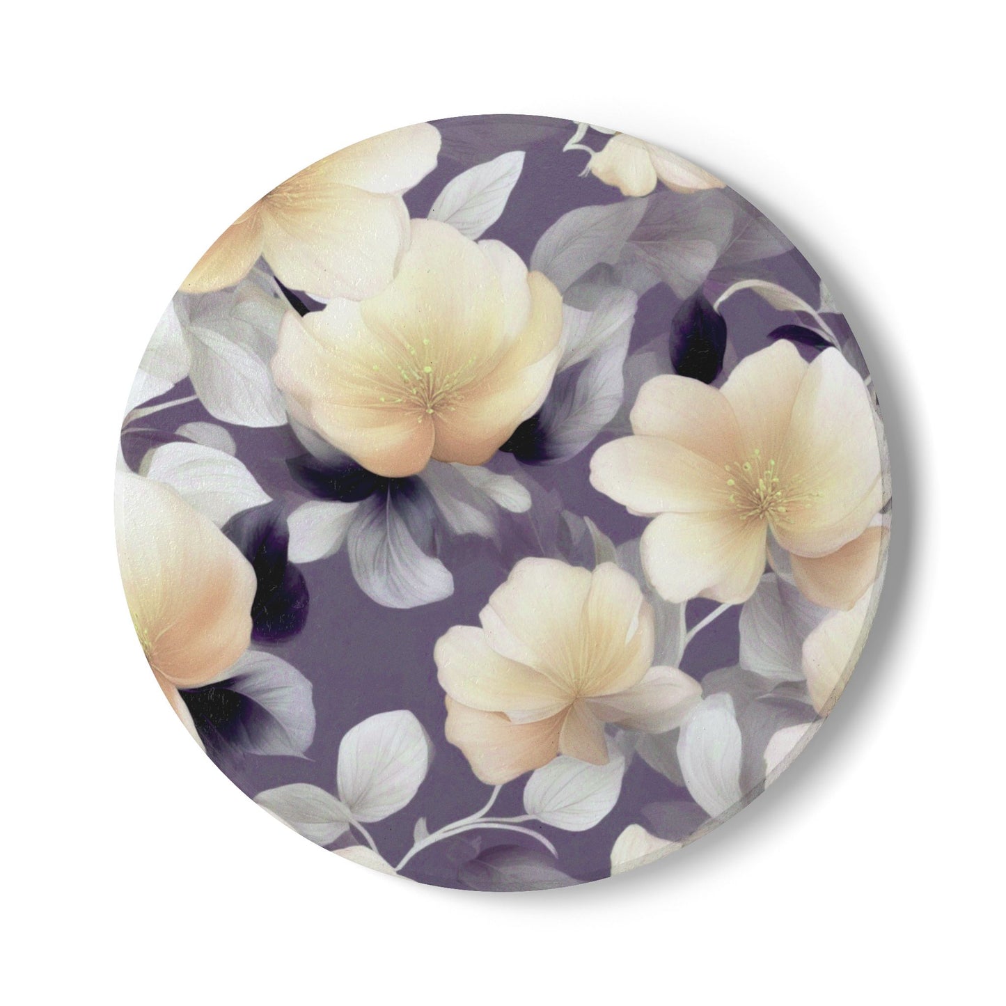 White Blush Floral Bunch Round Ceramic Coaster, 4" x 4"