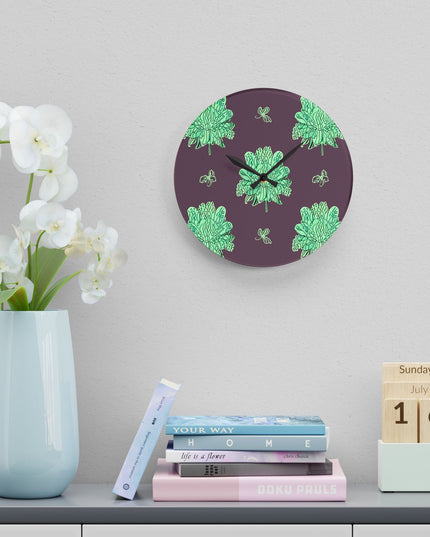 Mint Green Floral Butterflies Acrylic Wall Clock, Round or Square, 10.75" x 10.75"