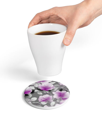 Purple Blossom Floral Bunch Round Ceramic Coaster, 4" x 4"