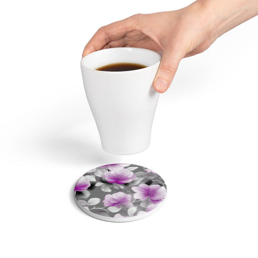 Purple Blossom Floral Bunch Round Ceramic Coaster, 4" x 4"