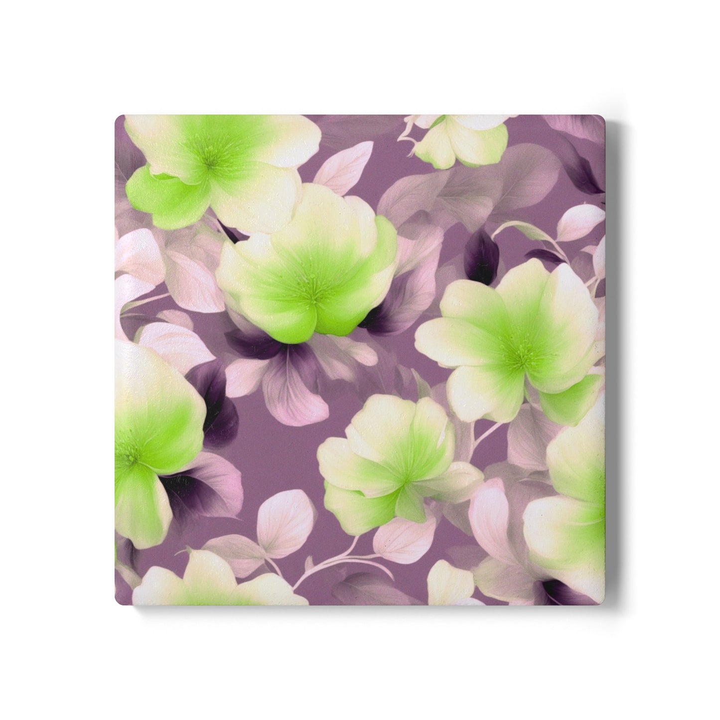 Lime Lavender Floral Bunch Square Ceramic Coaster, 4" x 4"