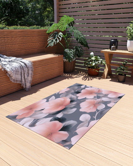 Peach and Blue Gray Floral Bunch Outdoor Rug, 36" x 60"