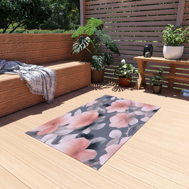 Peach and Blue Gray Floral Bunch Outdoor Rug, 36" x 60"
