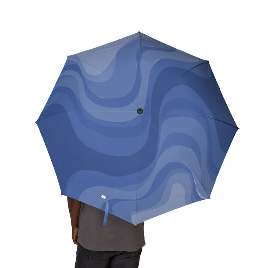 Deep Blue Wavey Foldable Umbrella - Compact & Chic