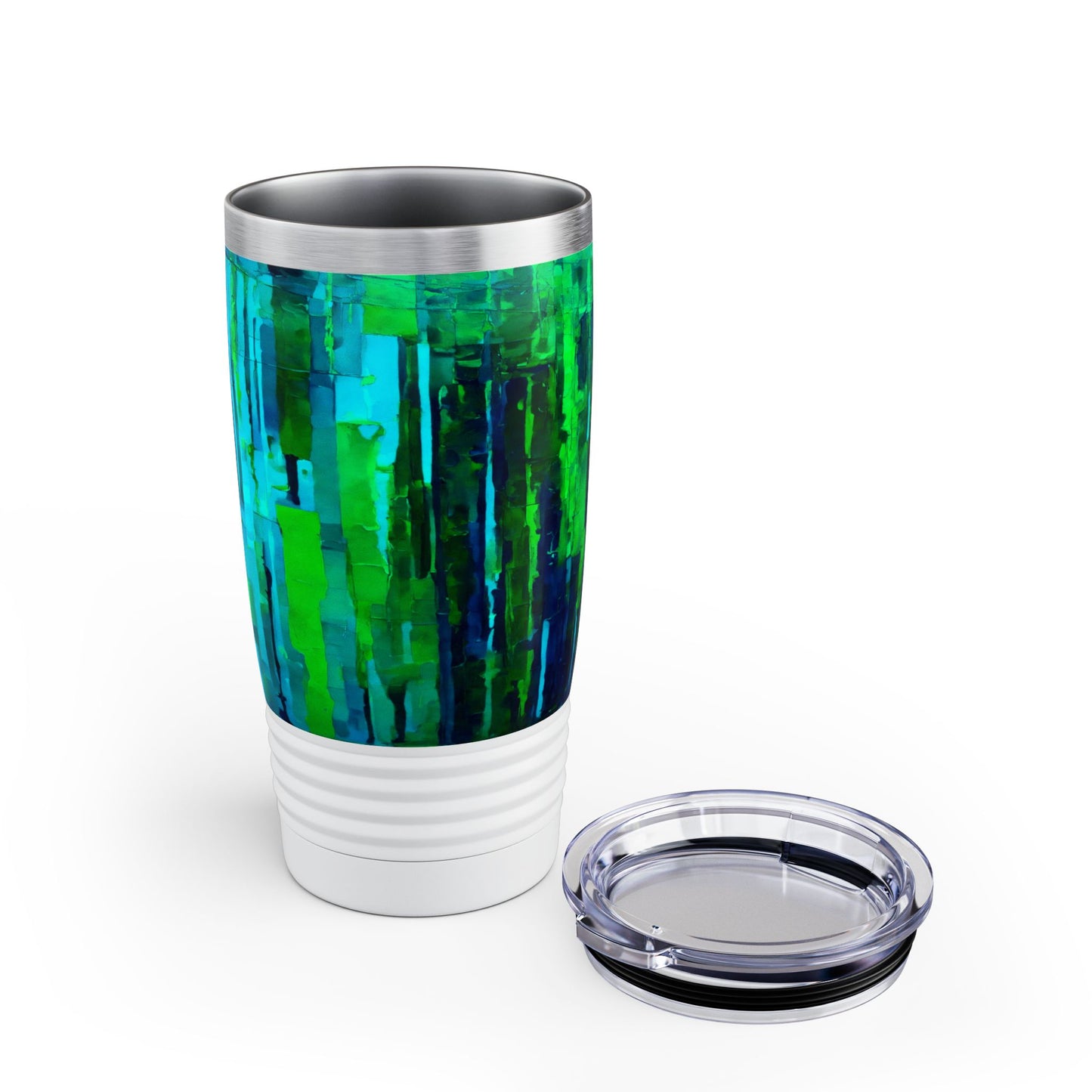 Striped Blue Green Ringneck Tumbler, 20oz in white, steel and black