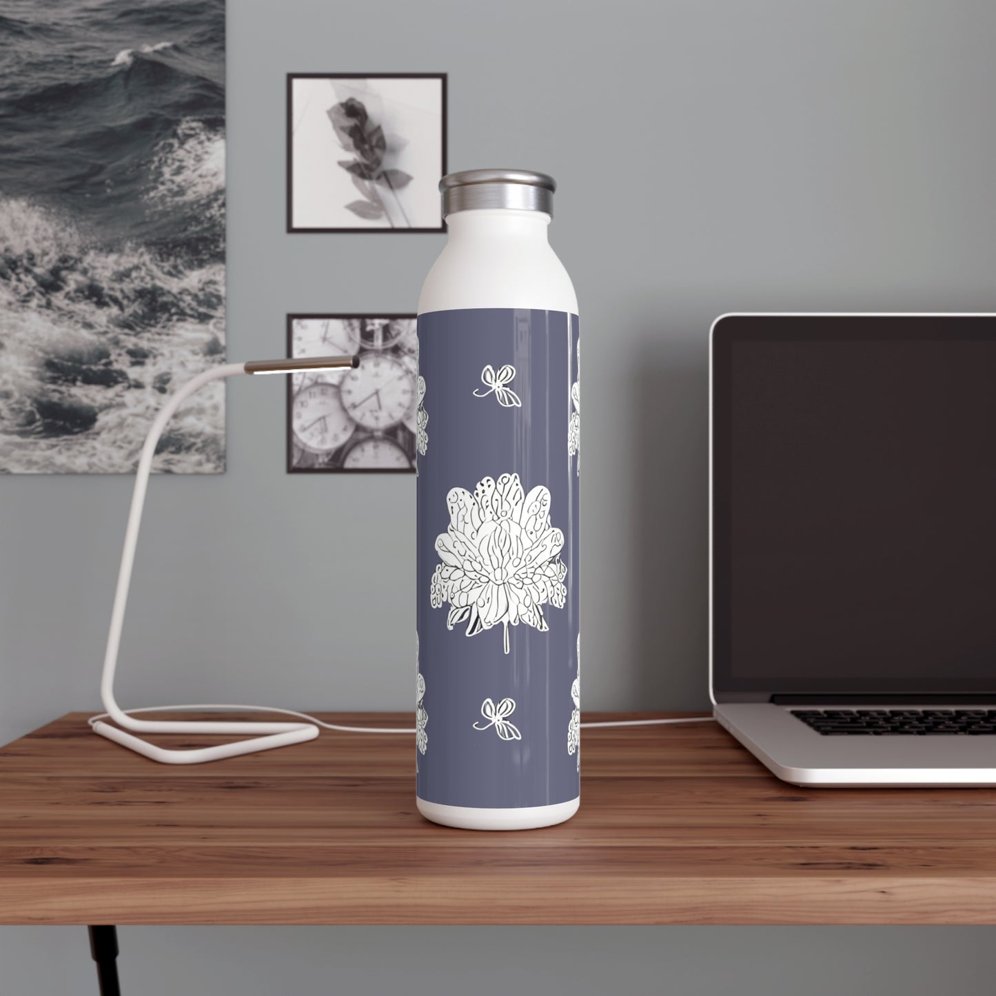 White Floral Butterflies Slim Water Bottle, 20 oz White