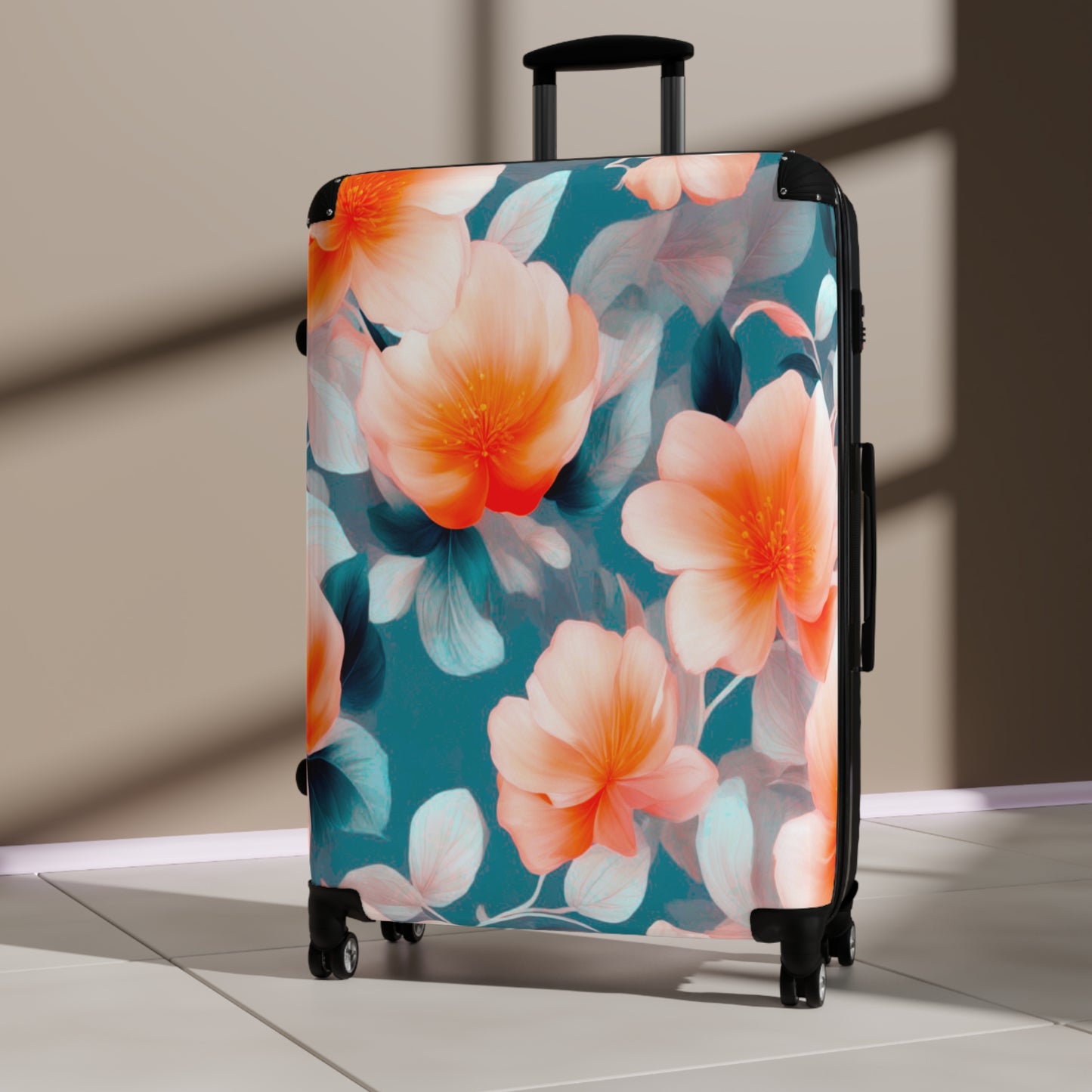 Orange Blossom Floral Bunch Large Suitcase with built in lock, 4 double-wheels, telescopic handle, and ABS back hard-shell
