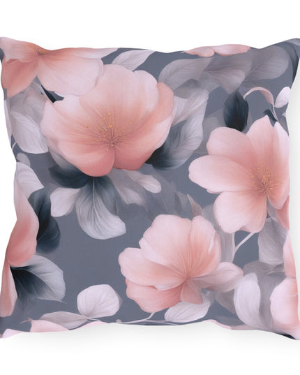 Peach and Blue Gray Floral Bunch Outdoor Pillow, 16" x 16"
