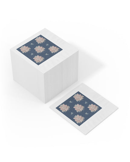 Rose White Floral Butterflies White Coined Napkins, 6.5" x 6.5"