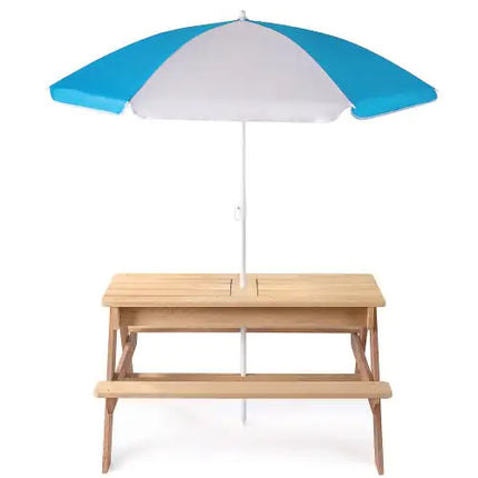Outdoor Kids Picnic Table With Umbrella, Convertible Sand & Water Kettle