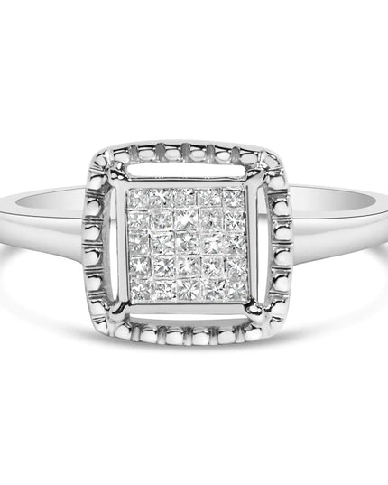 .925 Sterling Silver 1/5 Cttw Invisible Set Princess Cut Diamond Promise Ring with Beaded Halo (H-I Color, I1-I2 Clarity)