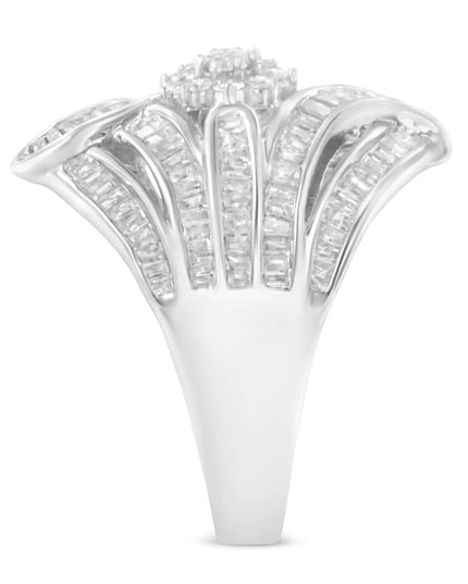 .925 Sterling Silver 1-1/8 Cttw Round & Baguette Diamond 'Flower & Fern' Cluster Cocktail Fashion Ring (I-J Color, I2-I3 Clarity)