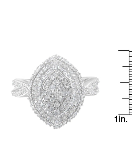 .925 Sterling Silver 1.0 Cttw Round & Baguette-Cut Diamond Marquise-Shaped Ring (I-J Color, I2-I3 Clarity)