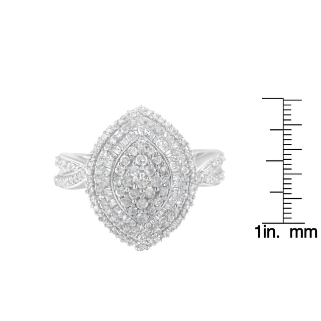 .925 Sterling Silver 1.0 Cttw Round & Baguette-Cut Diamond Marquise-Shaped Ring (I-J Color, I2-I3 Clarity)