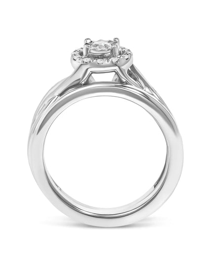 .925 Sterling Silver 1/7 Cttw Diamond Halo Bypass Engagement Ring and Wedding Band Set (I-J Color, I3 Clarity)