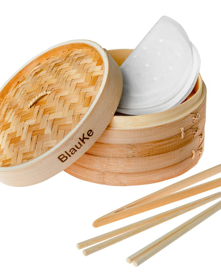 Bamboo Steamer 2-tier 10 Inch With Chopsticks, Tongs, 50 Liners