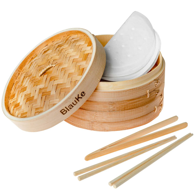 Bamboo Steamer 2-tier 10 Inch With Chopsticks, Tongs, 50 Liners