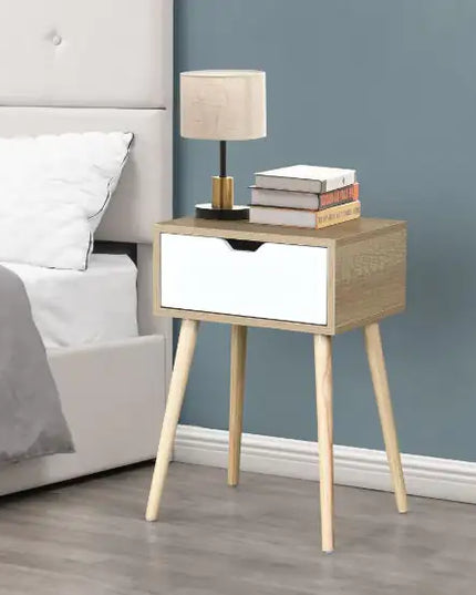 1-drawer Side Table, Rubber Wood Legs, Mid-century Modern Storage Cabinet, Bedroom Living Room